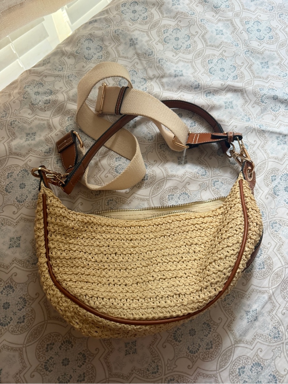 Woven Crescent Crossbody Bag in Cream with Tan Trim - Picture 3 of 8